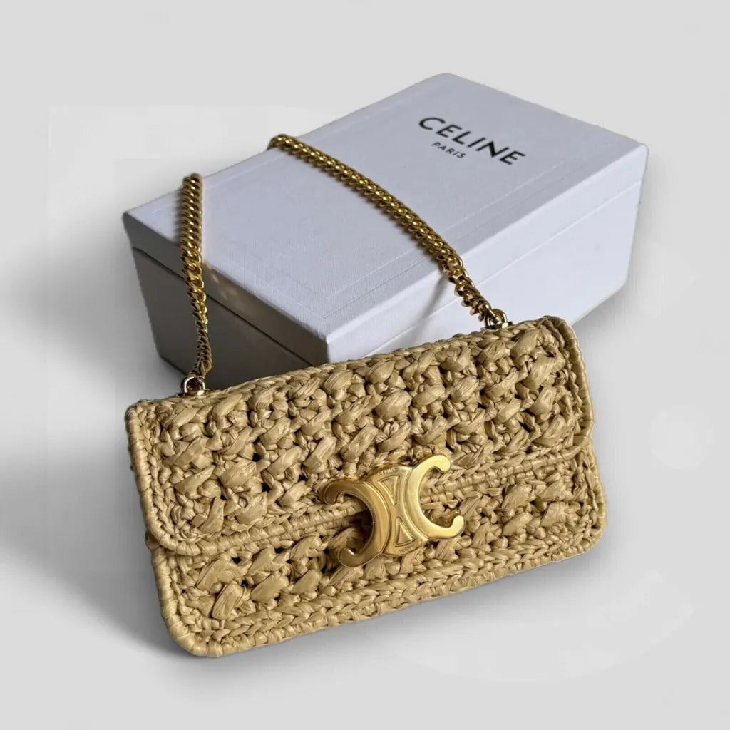 CARTERA  DE HOMBRO CLAUDE CON CADENA EN RAFIA EFECTO TELA